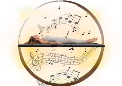 woman lying on a mat with music floating up through her in a golden haze